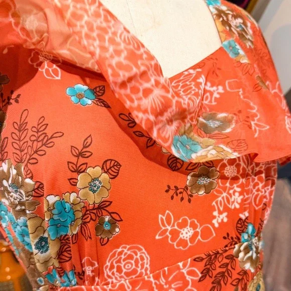 Vintage 70s Coral Orange Floral Maxi Dress Ruffle Flutter Sleeve Boho Size 10 - Picture 9 of 9